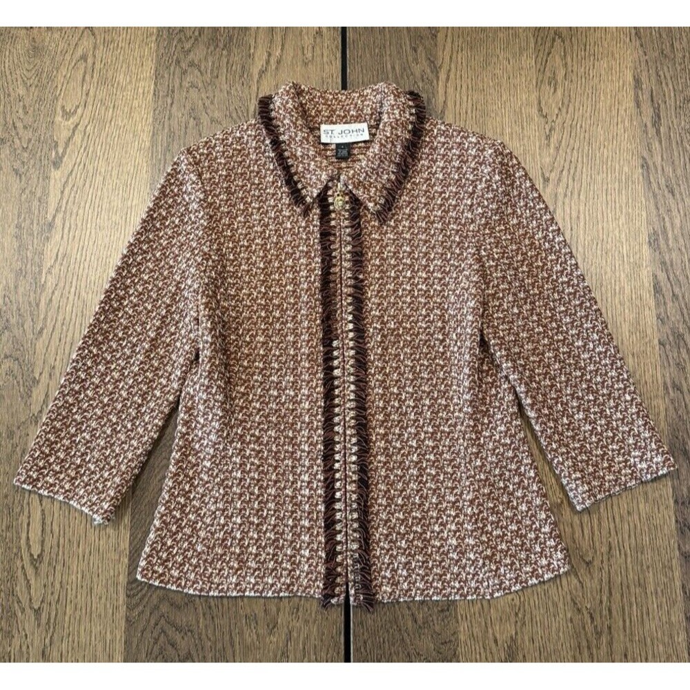 St. John Knit Painterly Tweed Boucle Jacket Women’s Sz 6 Russet Fringe Full Zip